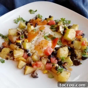 Small cubes of roasted veggies and egg served with hot sauce and cilantro.