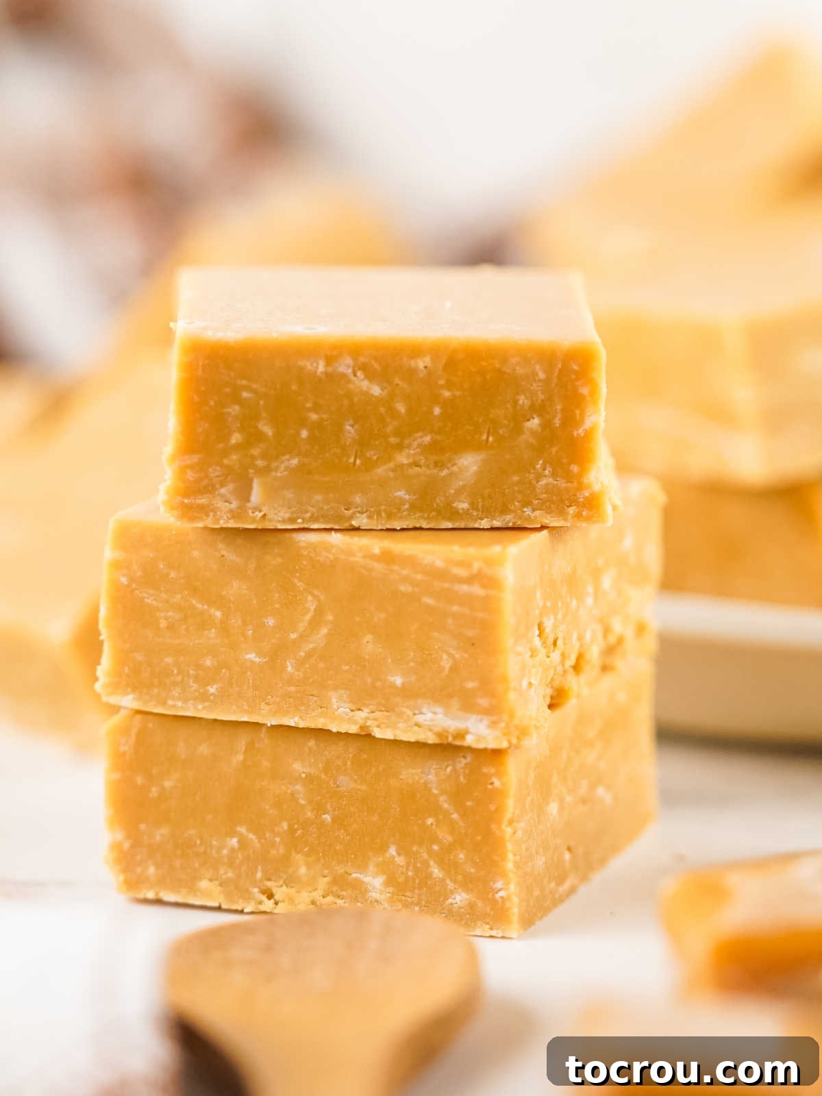 Perfectly Stacked Caramel Fudge Stack of caramel fudge squares showing solid texture and rich caramelized color.