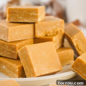 Golden caramel fudge squares piled on a white plate, ready to eat.