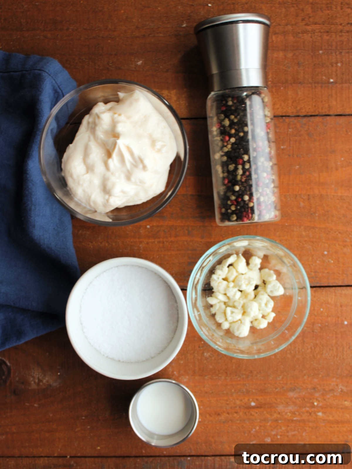 Fiercely Seared Rare Steak Salad 3 Homemade blue cheese dressing ingredients including mayonnaise, milk, salt, pepper, and blue cheese crumbles.