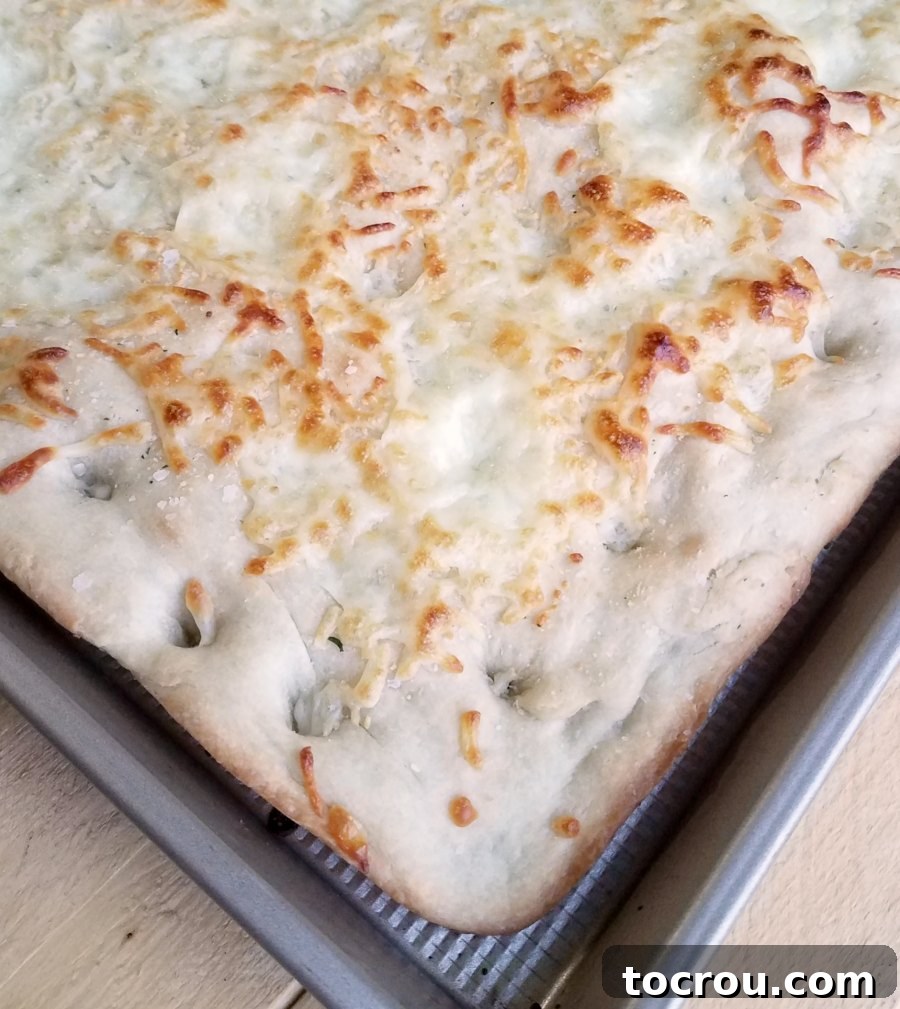 cheesy corner of freshly baked bread in sheet pan fresh from oven.