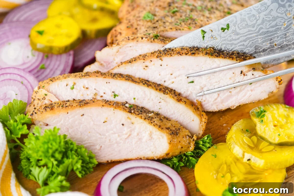 Gourmet Smoked Turkey Breast 2 Slicing a peppery smoked turkey breast on a cutting board, revealing a moist, tender interior.