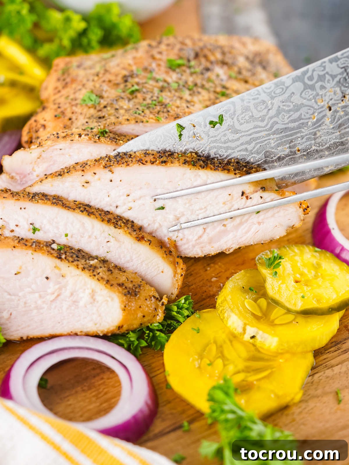 Gourmet Smoked Turkey Breast 5 A knife thinly slicing smoked turkey breast, showcasing its perfectly cooked, moist texture, ideal for various dishes.