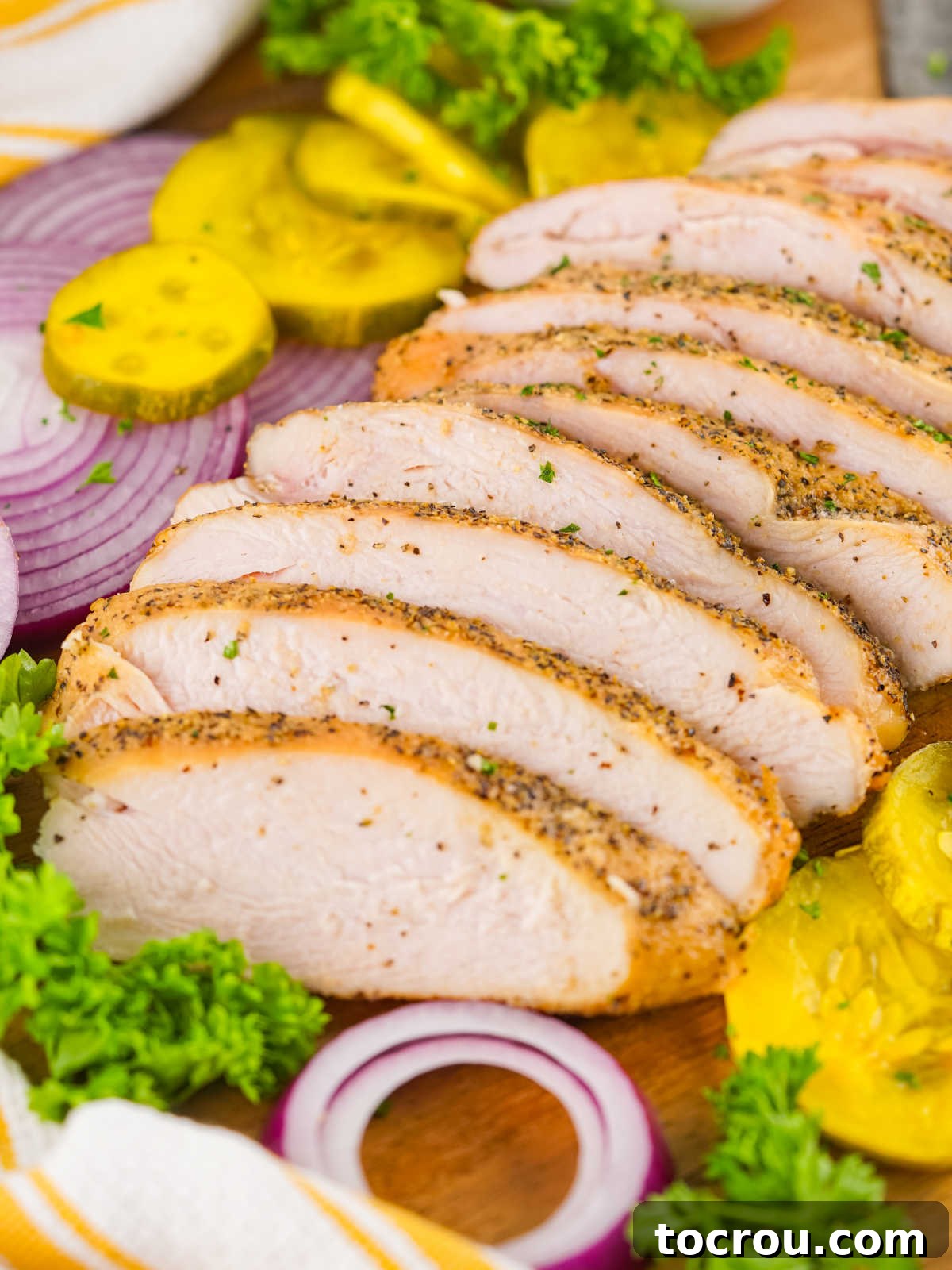Gourmet Smoked Turkey Breast 6 Delicious slices of smoked turkey breast arranged on a cutting board, ready for serving or sandwich preparation.