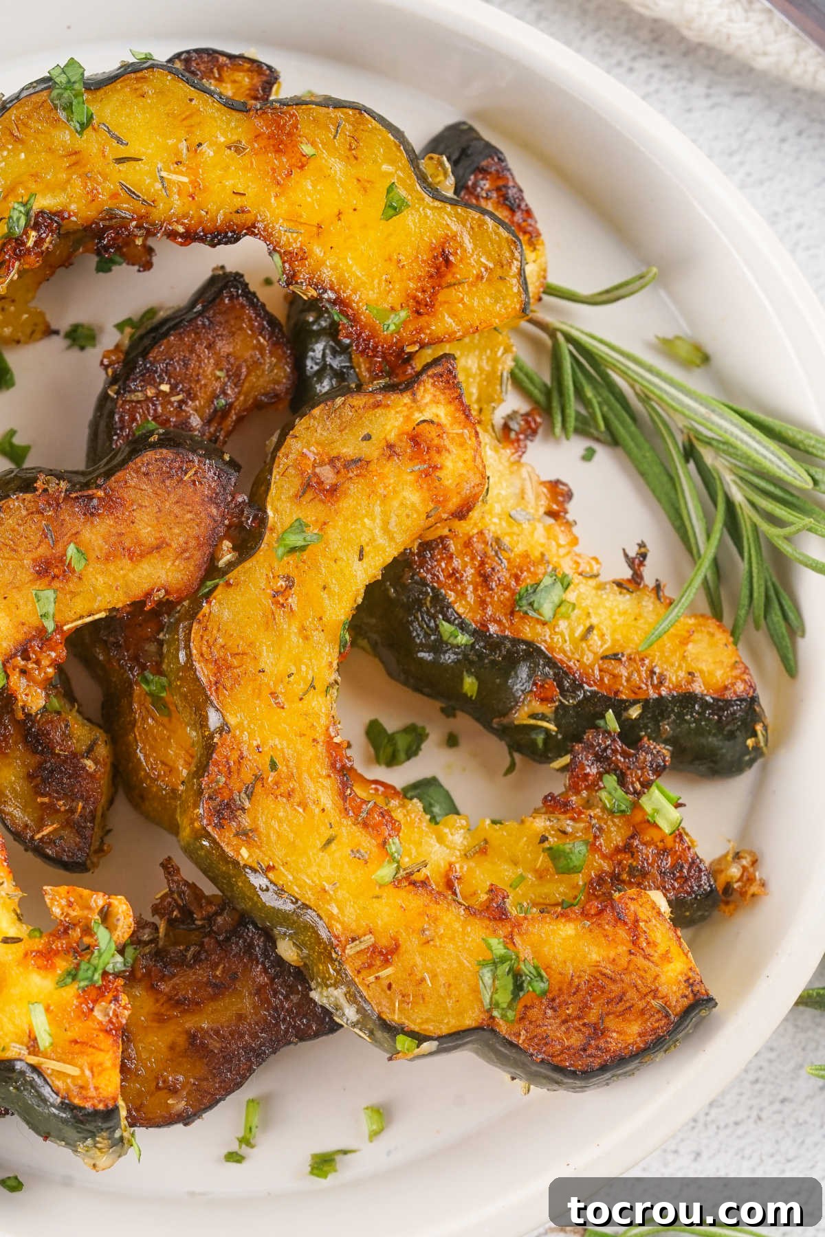 Close up of plate of roasted acorn squash slices.