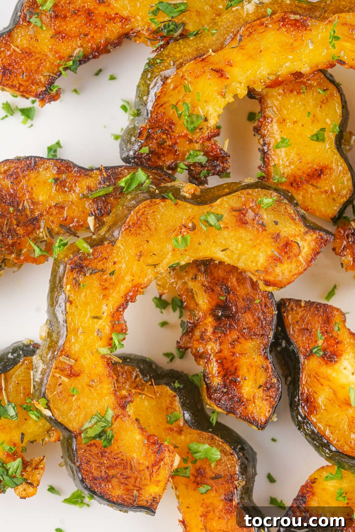 Caramelized roasted acorn squash with herbs and cheese. 