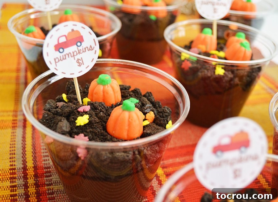 Close up of chocolate dirt pudding topped with candy pumpkins and printed pumpkin truck picks.