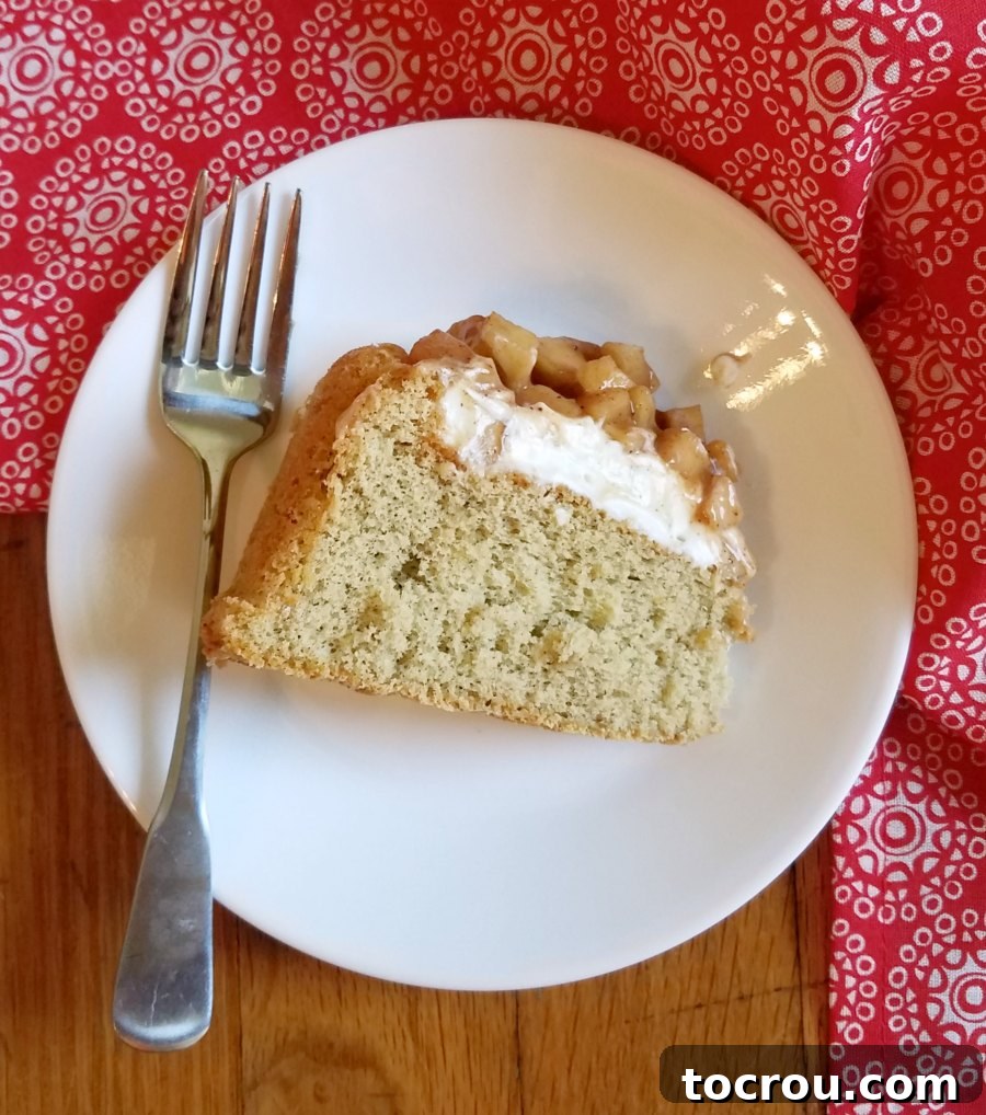 A delectable slice of cinnamon sponge Charlotte cake, richly topped with caramel apples, served on a white plate with a fork, highlighting its inviting layers.