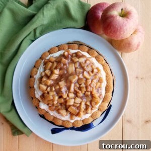 Cinnamon sponge cake topped with fluffy whipped cream and a caramel apple topping, ready to be served.