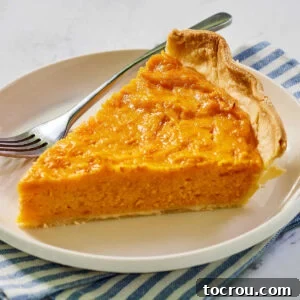 Close up of a piece of sweet potato pie with orange filling in a golden brown pie crust.