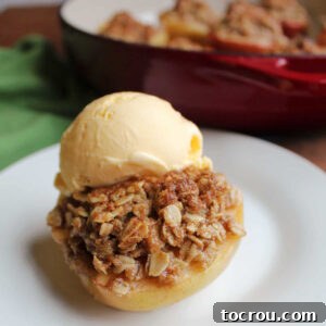 Baked apple half stuffed with brown sugar and oat crisp topping finished with a scoop of vanilla ice cream, ready to eat.