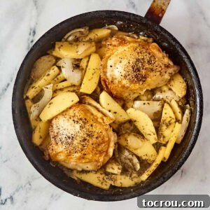 Skillet filled with chicken thighs, apple slices, onions, and an apple cider and mustard pan sauce, ready to be served.