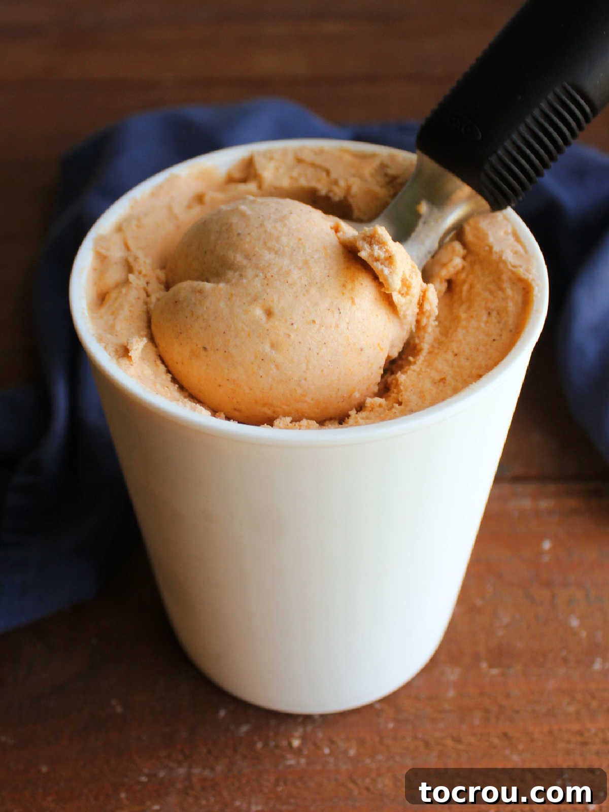 Velvet Pumpkin Ice Cream 5 Ice cream scoop getting a ball of pumpkin ice cream out of a storage container.