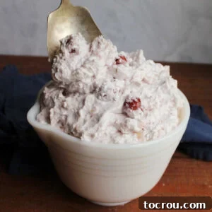Vintage bowl piled high with cherry cheesecake fluff with antique berry spoon getting a scoop.