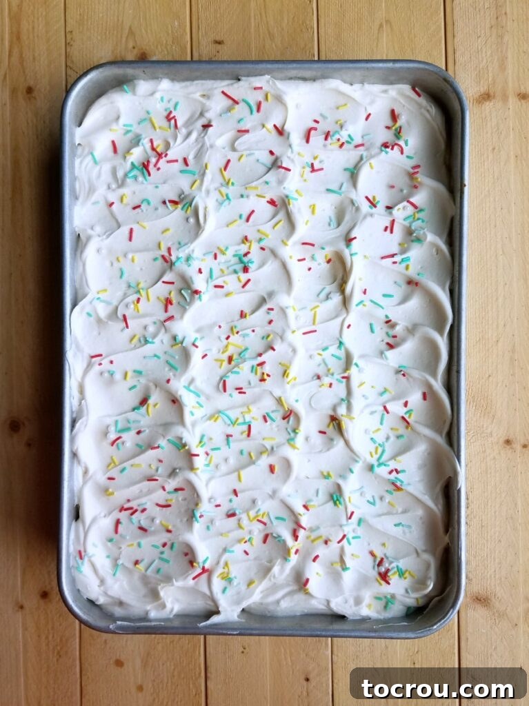 Sheet Cake with Whipped Frosting 9x13 inch pan filled with cake topped with elegant swirls of sweetened condensed milk frosting, ready to be served.