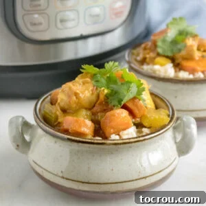 Instant pot chicken curry and vegetables served over rice in bowl.