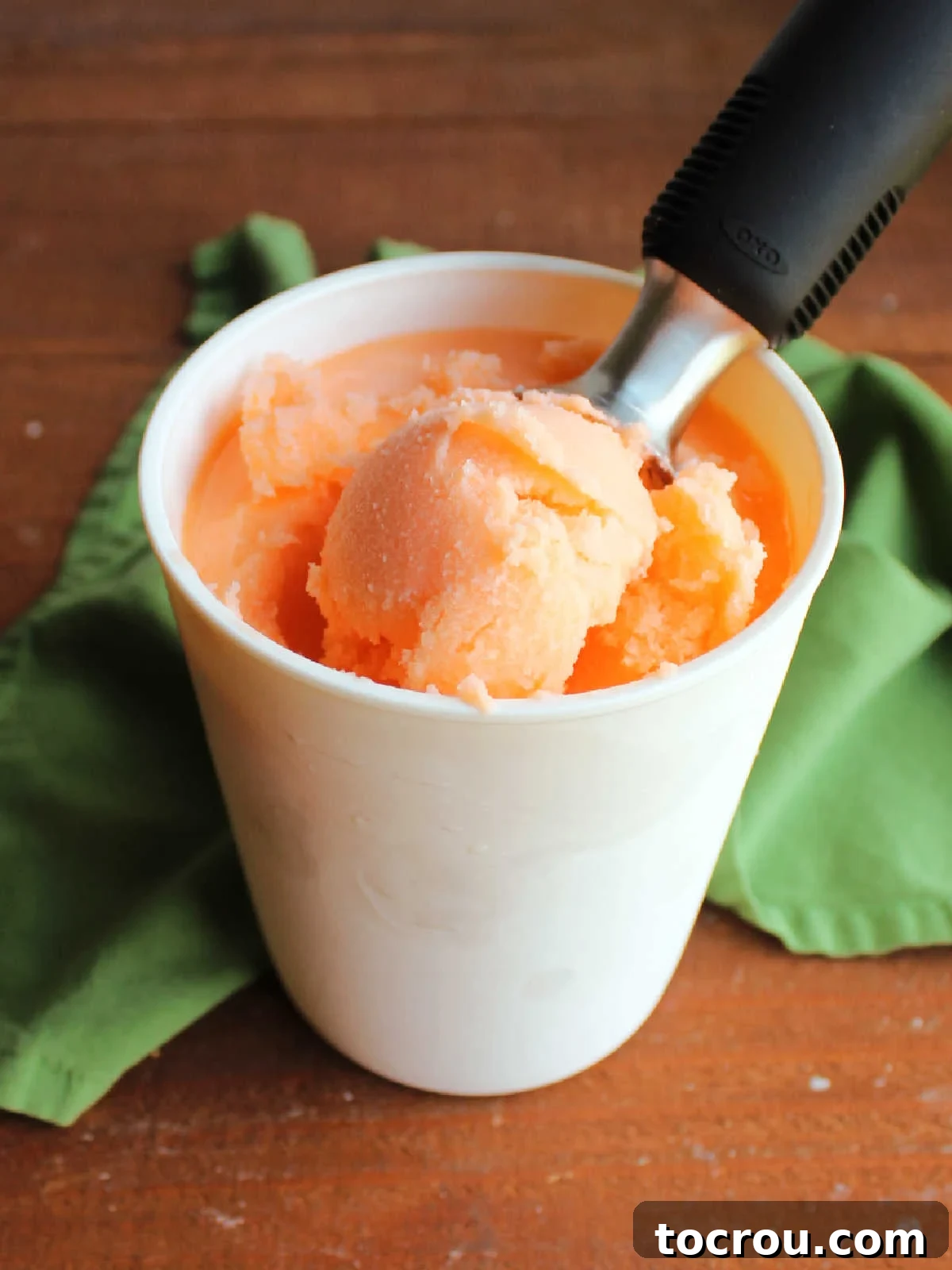 Ice cream scoop getting a ball of homemade orange sherbet out of an ice cream storage container. 