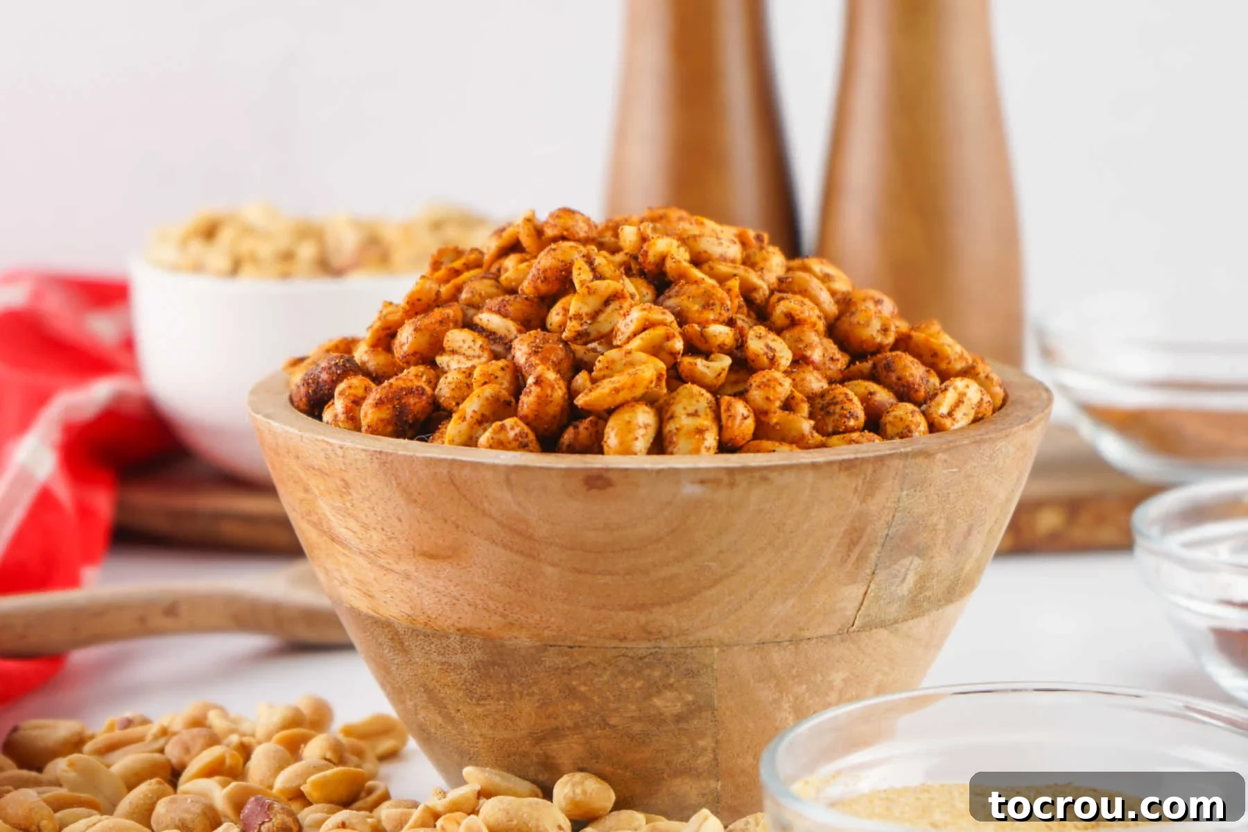 Zesty Peanuts 2 Wooden serving bowl mounded with chili spiced peanuts, ready to eat.