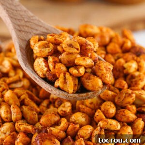 Wooden spoon getting a scoop of spiced peanuts with reddish spice mixture coating each nut.