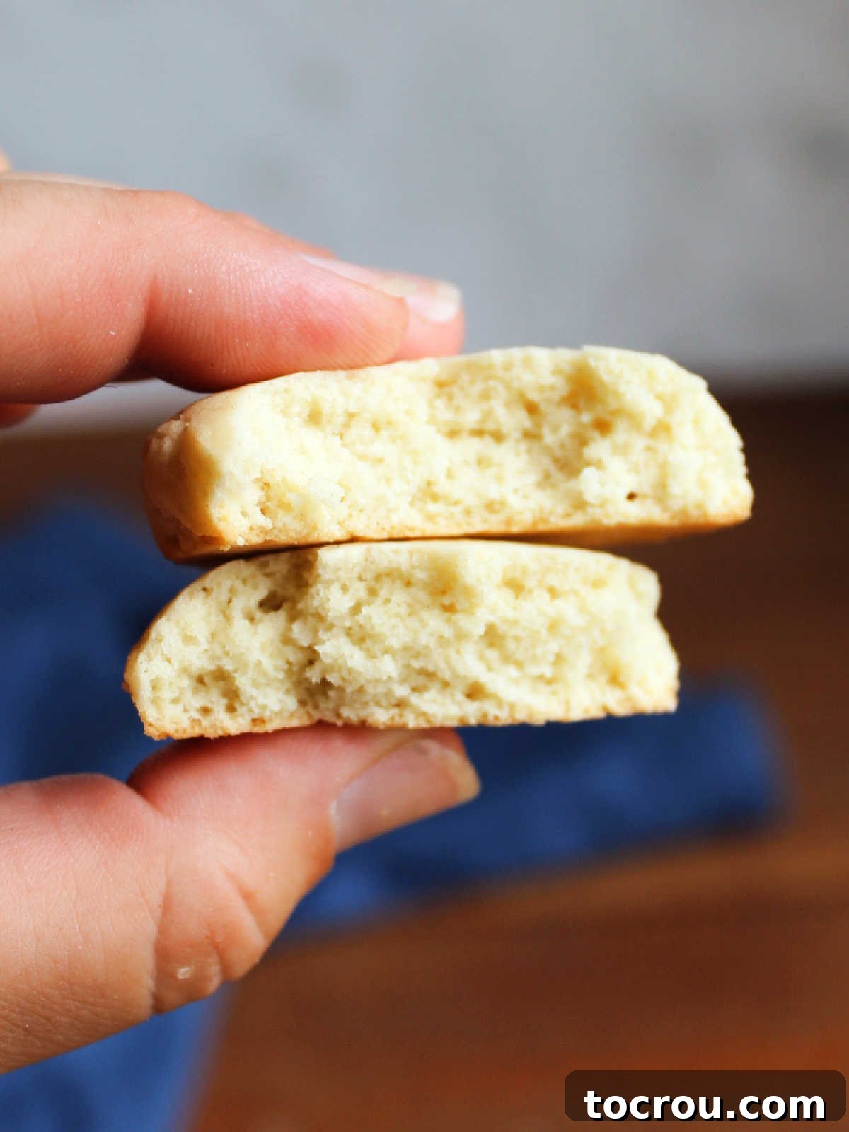 Heirloom Tea Cakes 12 A hand gently holds a freshly baked tea cake, which has been broken in half to beautifully reveal its soft, almost biscuit-like interior texture, inviting you to savor its delicate crumb.