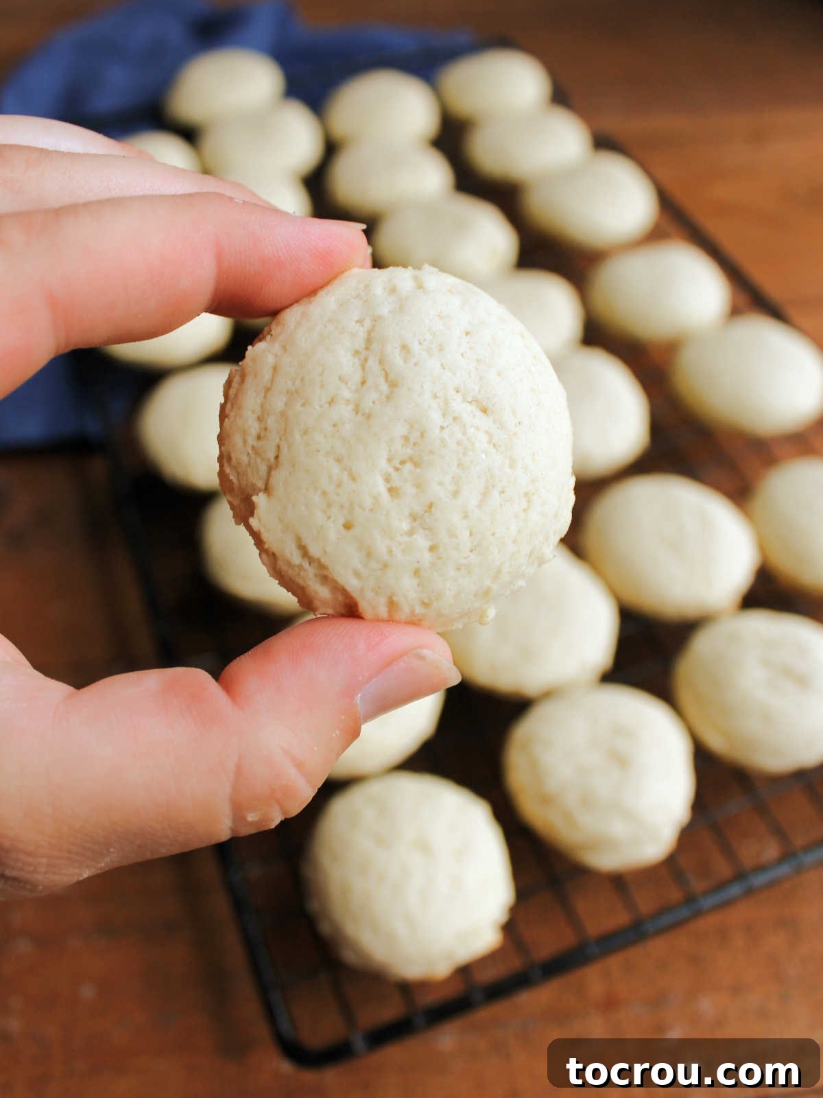 Heirloom Tea Cakes 8 Freshly baked tea cakes resting on a wire rack to cool, with a hand gently holding one, revealing its soft, inviting texture and delicate, light golden color.