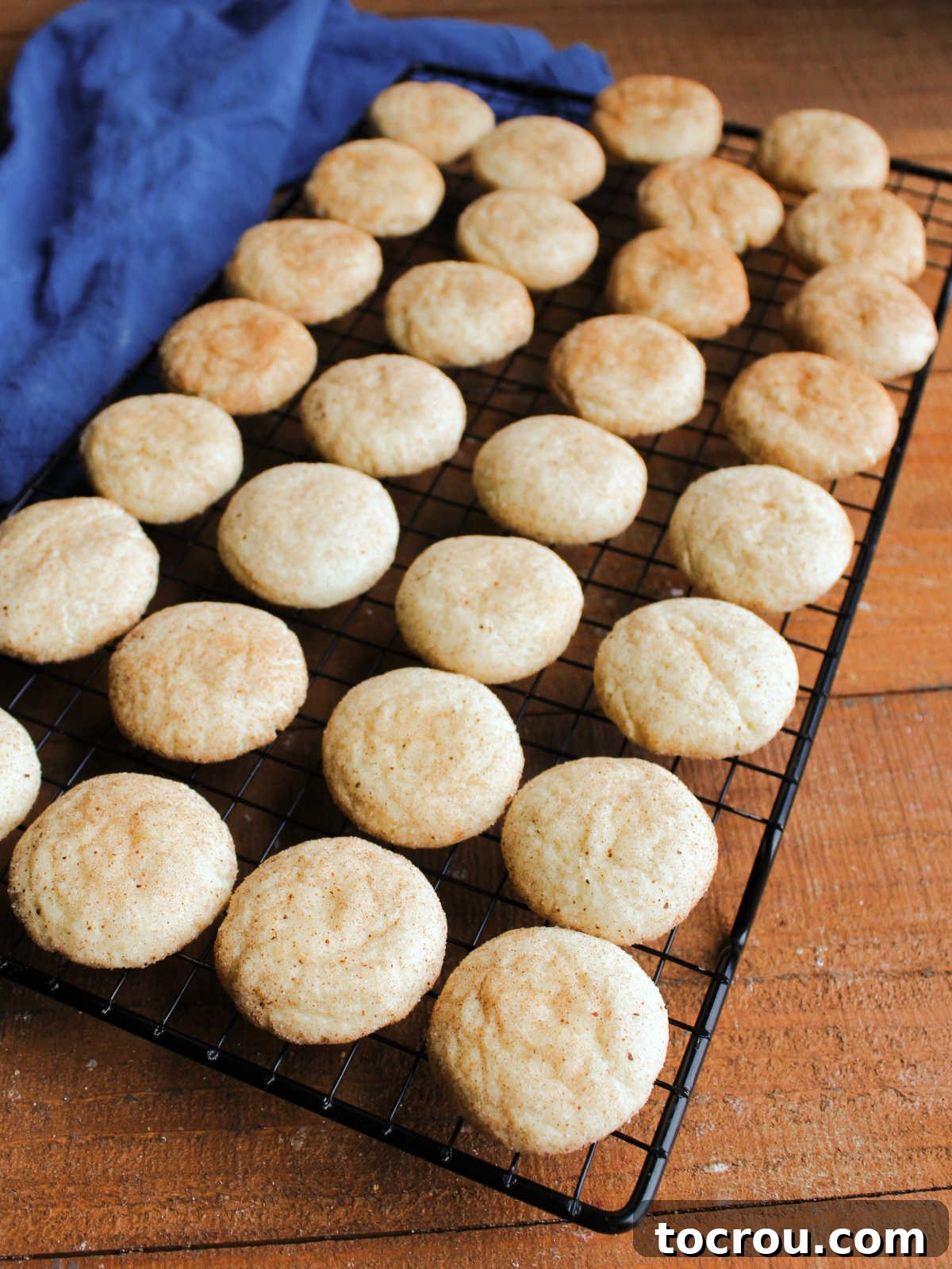 Heirloom Tea Cakes 10 A sturdy wire cooling rack filled to the brim with perfectly baked tea cake cookies, each glistening with a delightful cinnamon sugar coating, ready to be enjoyed.