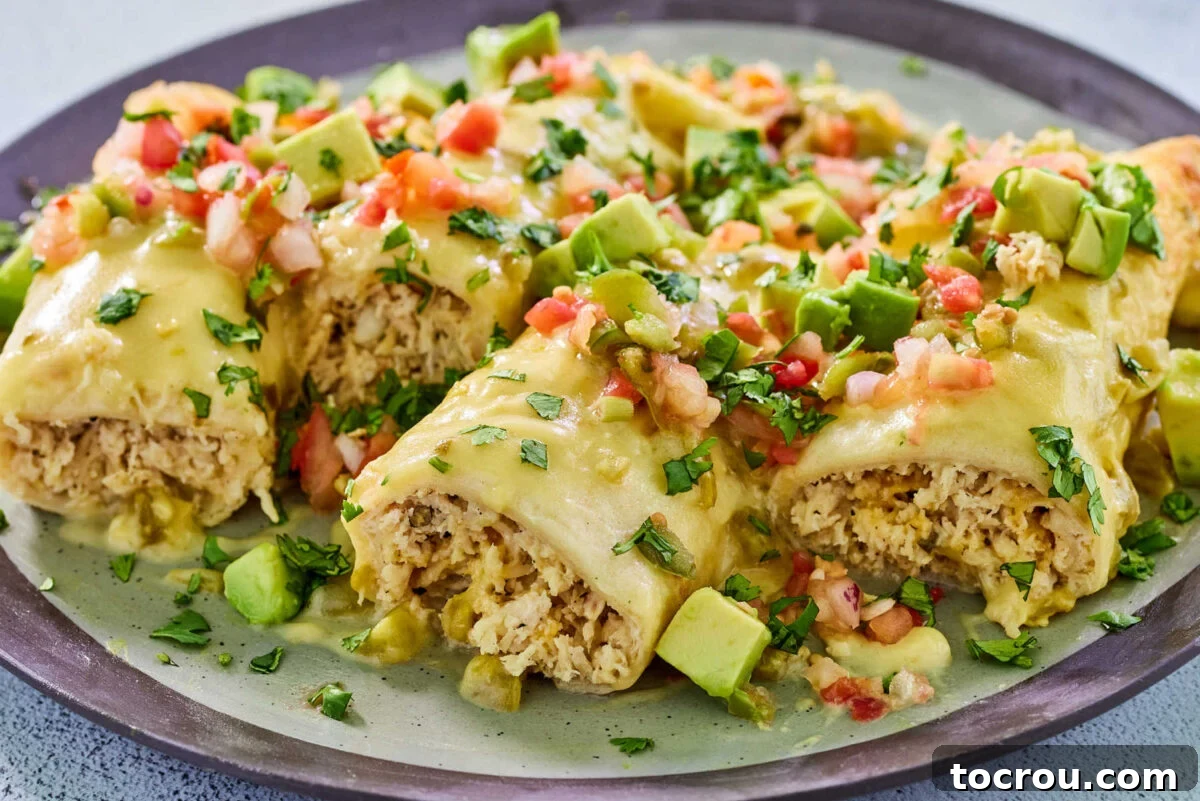 Creamy White Chicken Enchiladas Plate of white chicken enchiladas with sour cream and cheese sauce topped with cilantro, tomatoes, and avocado, ready to eat.