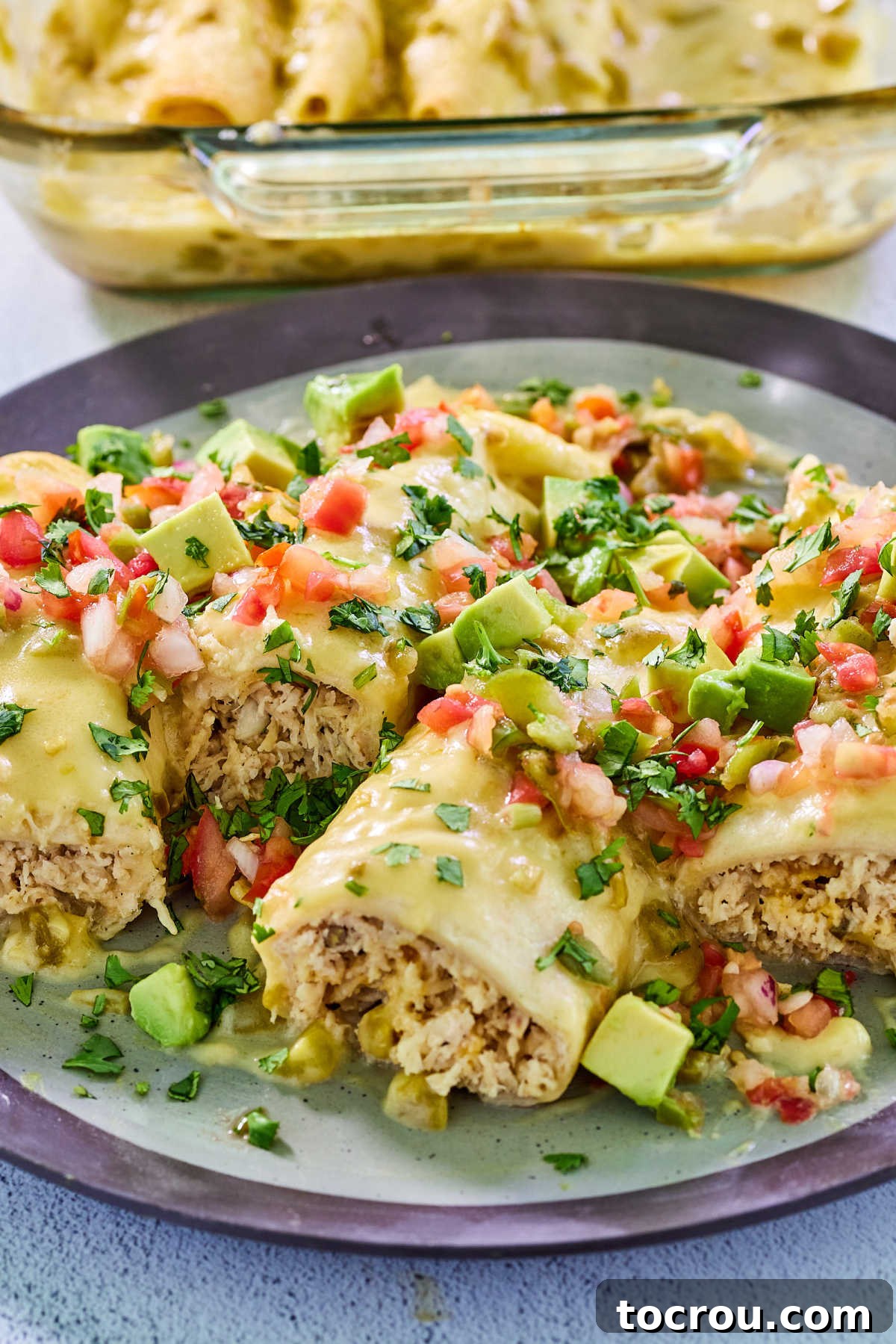 Served Enchiladas A plate featuring two freshly baked creamy white chicken enchiladas, garnished with fresh tomatoes and cilantro, ready to be enjoyed.