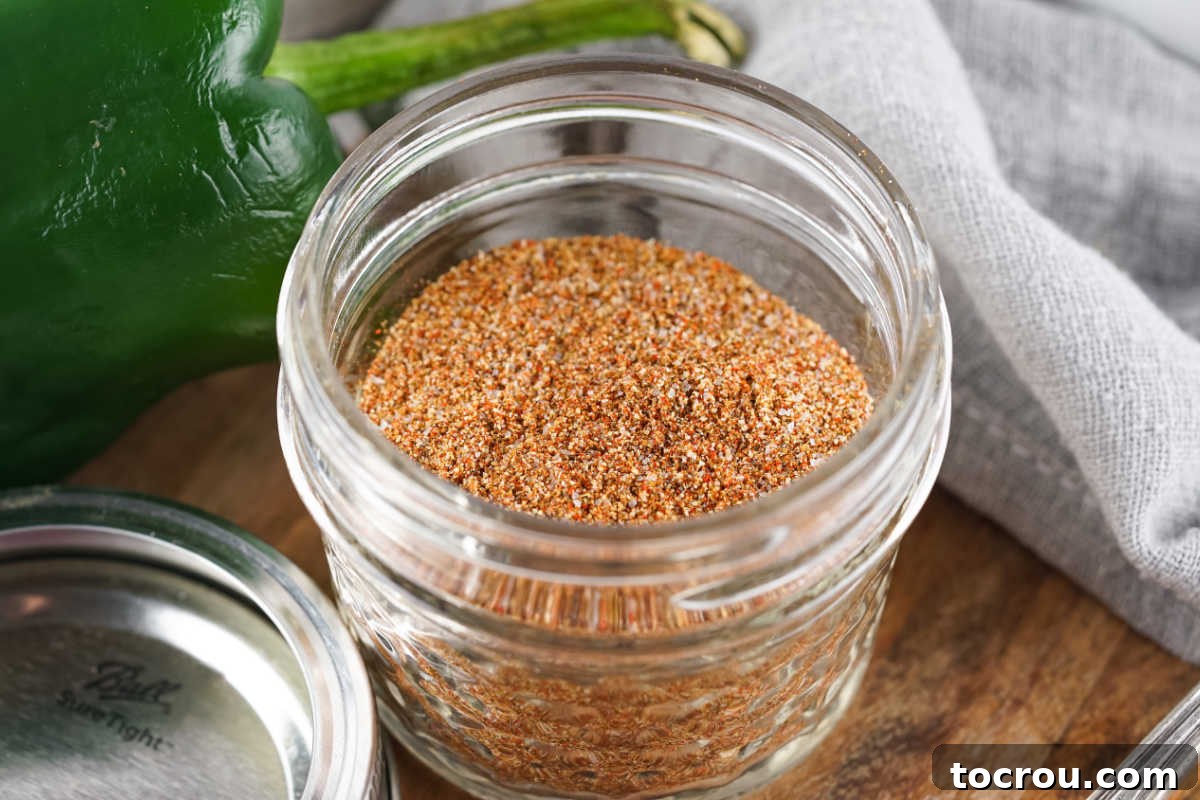 Homemade Fajita Seasoning Jar Small glass jar filled with homemade fajita seasoning mix, ready to use.