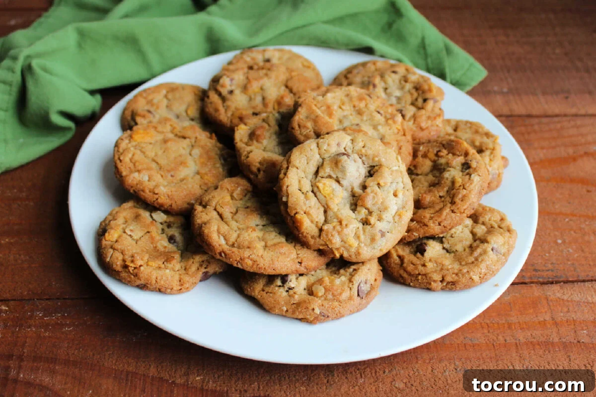Platter filled with chocolate chip cornflake cookies, ready to eat. 