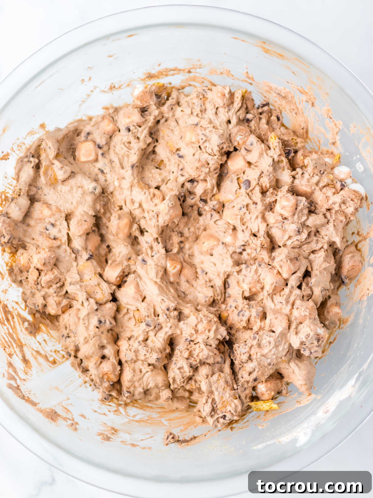 Smores Cloud 6 Fluff after the mix-ins have been stirred into the pudding mixture, ready to chill.