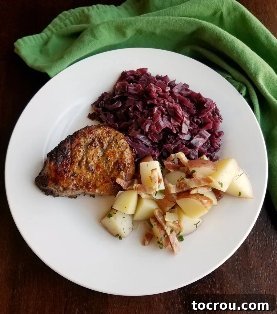 Dinner plate with braised cabbage, pork loin, and German potato salad. A complete dinner plate featuring tender braised red cabbage, sliced pork loin, and a scoop of German potato salad.