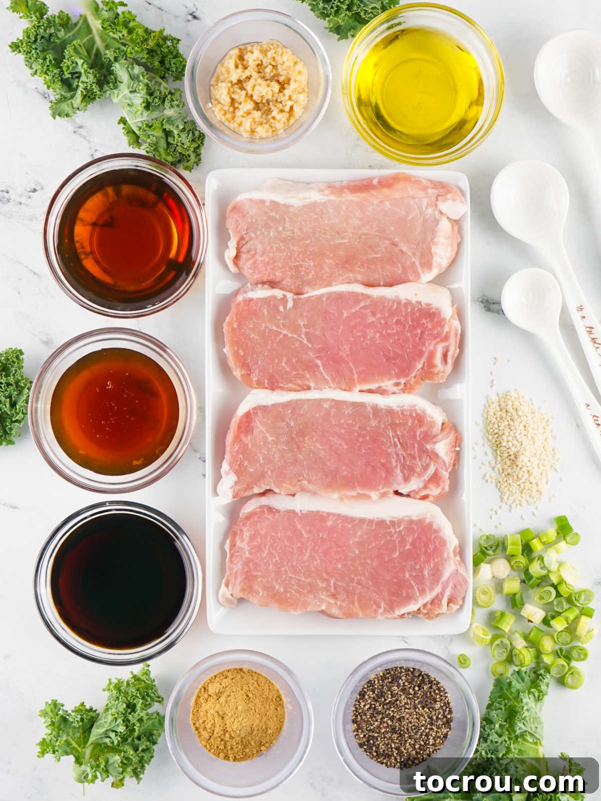 Ingredients including boneless pork chops, soy sauce, oil, honey, garlic, pepper, and ginger ready to be made into Asian style pork chops.
