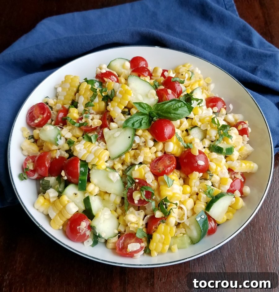 Serving bowl filled with salad made with fresh sweet corn, cucumbers, cherry tomatoes, and basil.