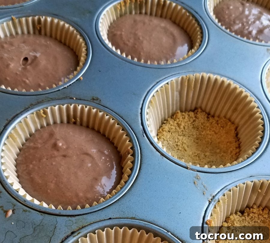 Toasted Marshmallow S'mores Cupcakes 6 Cupcake pan with paper liners with graham cracker crusts on the base and chocolate cupcake batter on top.