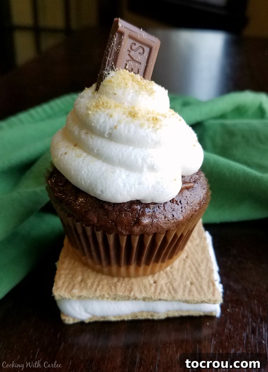 Toasted Marshmallow S'mores Cupcakes 10 s'mores cupcake sitting on top of graham cracker sandwich with toasted marshmallow buttercream in the middle.