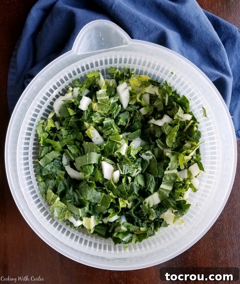 A salad spinner containing freshly chopped bok choy, ready for rinsing and drying, highlighting the preparation process for a crisp salad base.
