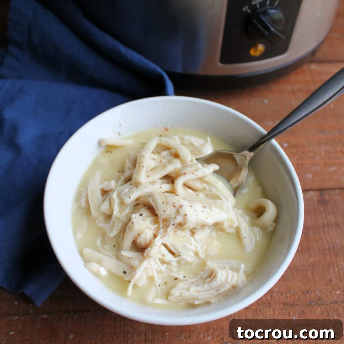 Bowl of creamy chicken and noodles in front of the crockpot it was cooked in.