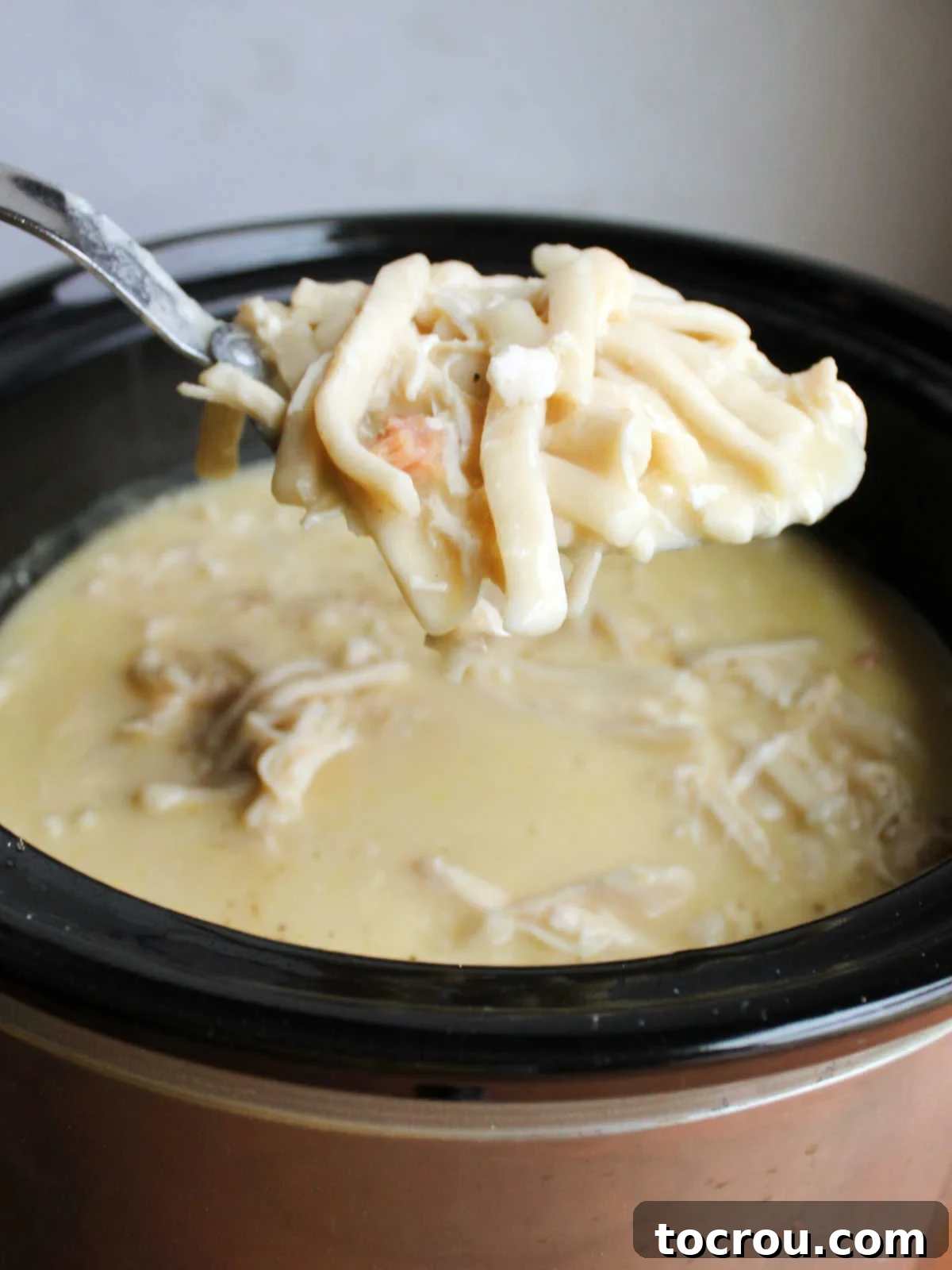 Serving spoon scooping out a helping of crockpot chicken and noodles with thick egg noodles, shredded chicken, and a creamy broth. 
