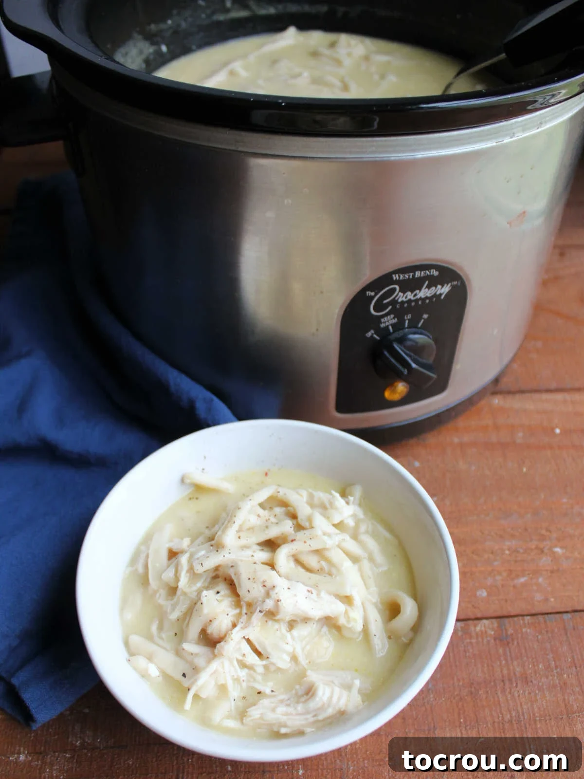 Bowl of chicken and noodles in front of crockpot with more creamy chicken and noodles inside. 