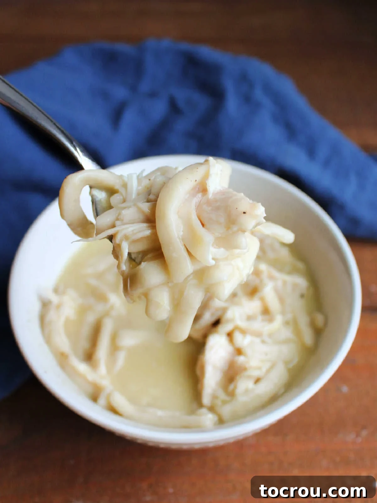Bite of chicken and noodles with thick egg noodles and tender shredded chicken in a thick and creamy broth on spoon, ready to eat. 