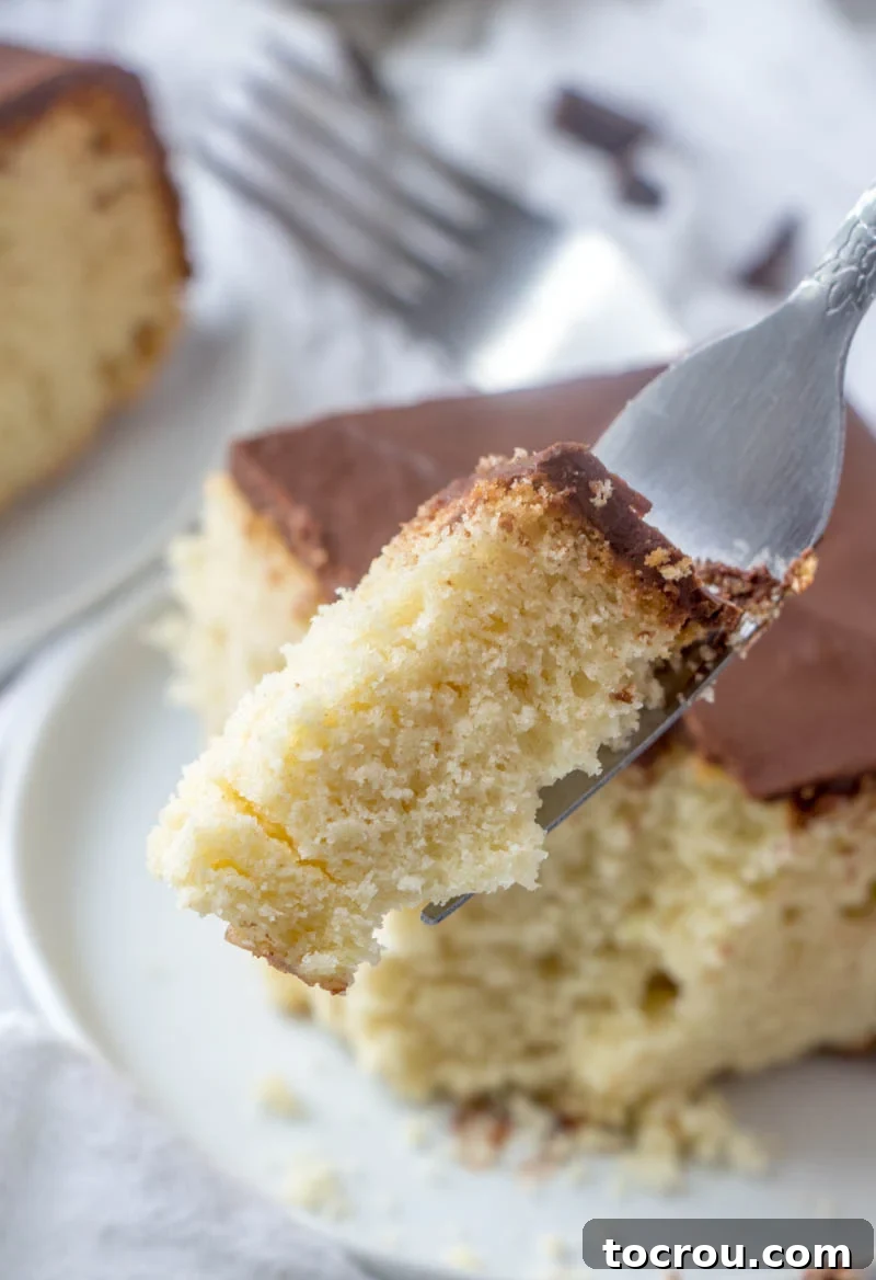 Perfect Bite of Farmer's Daughter Cake A bite of vanilla cake with chocolate icing on a fork, revealing the soft cake texture and the fudgy icing.