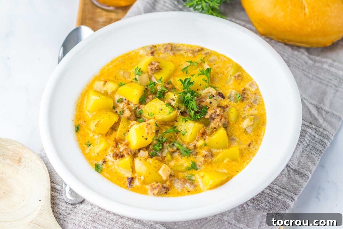 Italian Sausage and Potato Soup A steaming bowl of creamy Italian sausage and potato chowder, garnished with fresh herbs, ready to be enjoyed. A crusty dinner roll sits beside it.