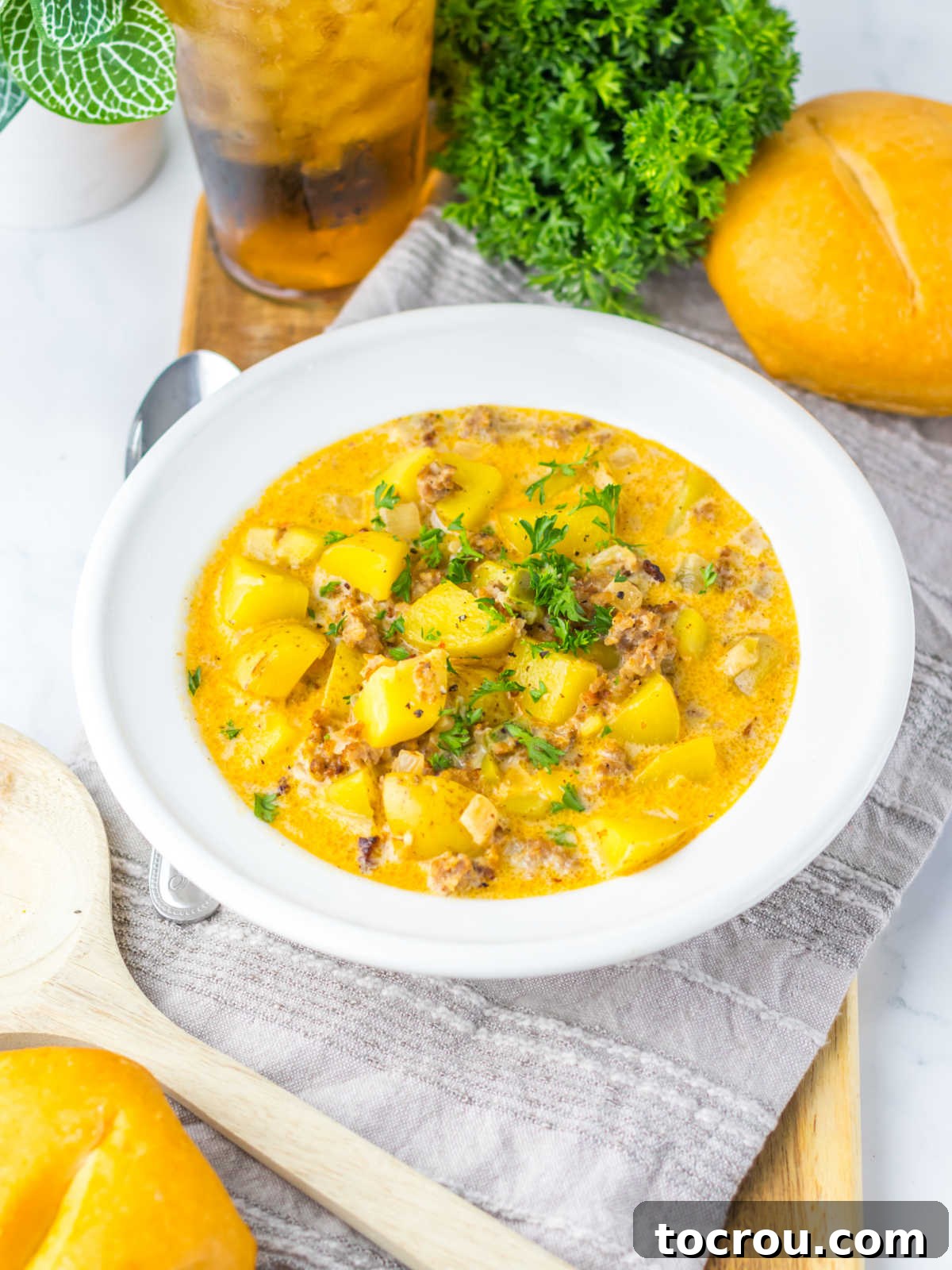 Finished Potato Soup with Italian Sausage A generous bowl of creamy potato soup with Italian sausage, garnished with fresh parsley, ready to be savored.