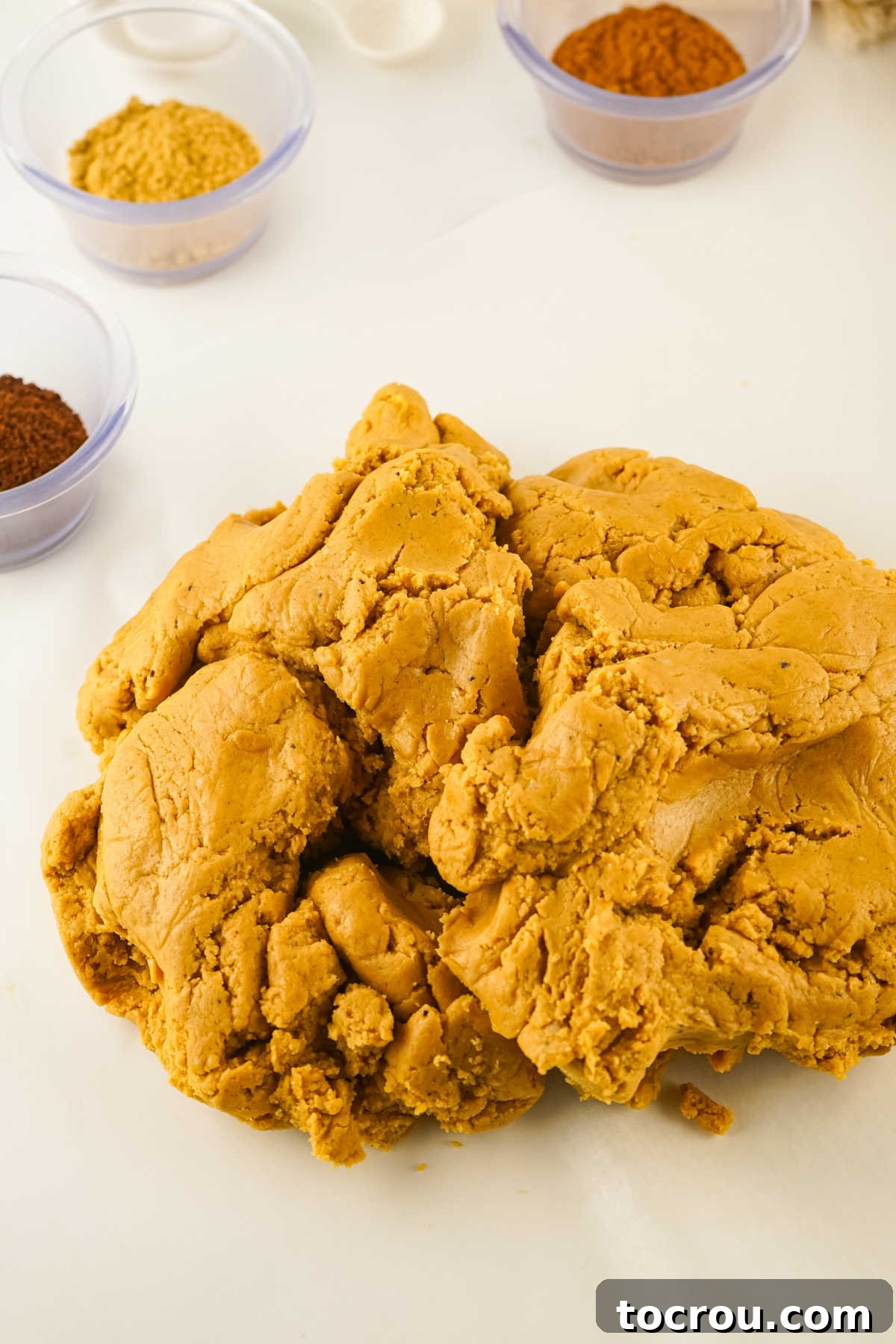 Thick brown cookie dough with molasses, ginger, cinnamon, and cloves inside.