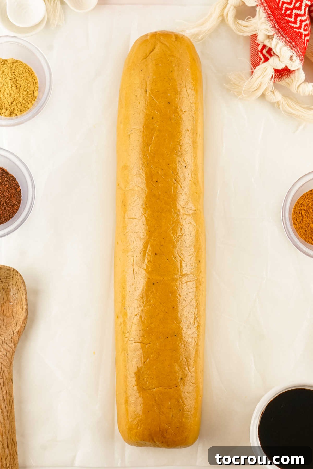 Log of chilled gingersnap dough, ready to be sliced into cookies.