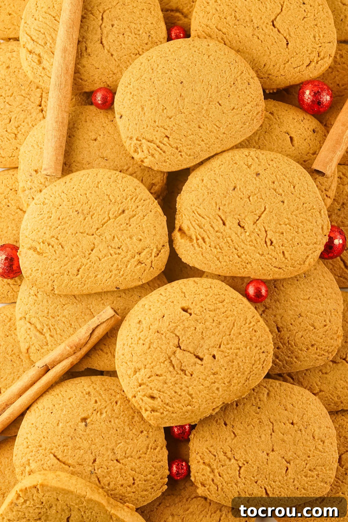Piled up gingersnap cookies.