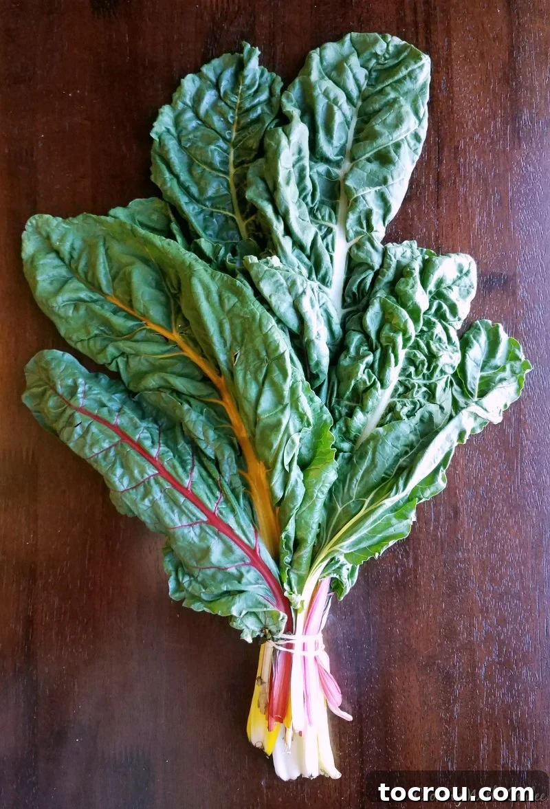 Vibrant bunch of rainbow chard with colorful stalks and lush green leaves, ready for cooking.