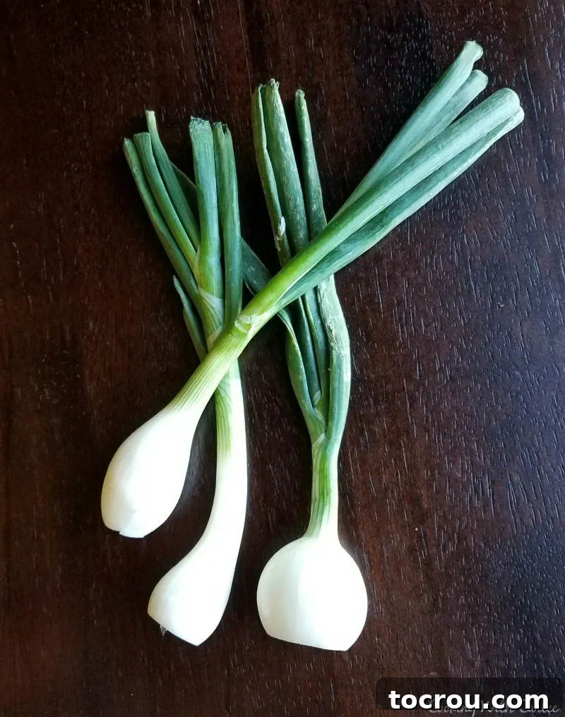 Three vibrant spring onions with their green tops, freshly harvested.