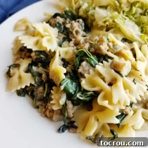 close up of serving of pasta with wilted greens and sausage.